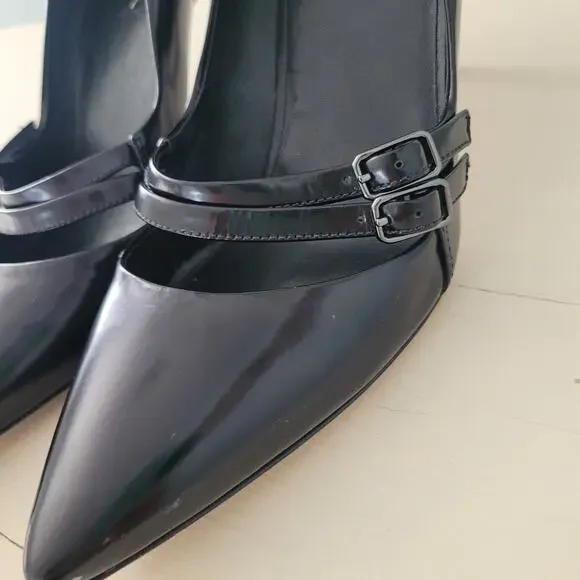 Via Spiga Black Patent Leather Stiletto Heels Double Buckle Pumps 9.5 - Picture 3 of 14
